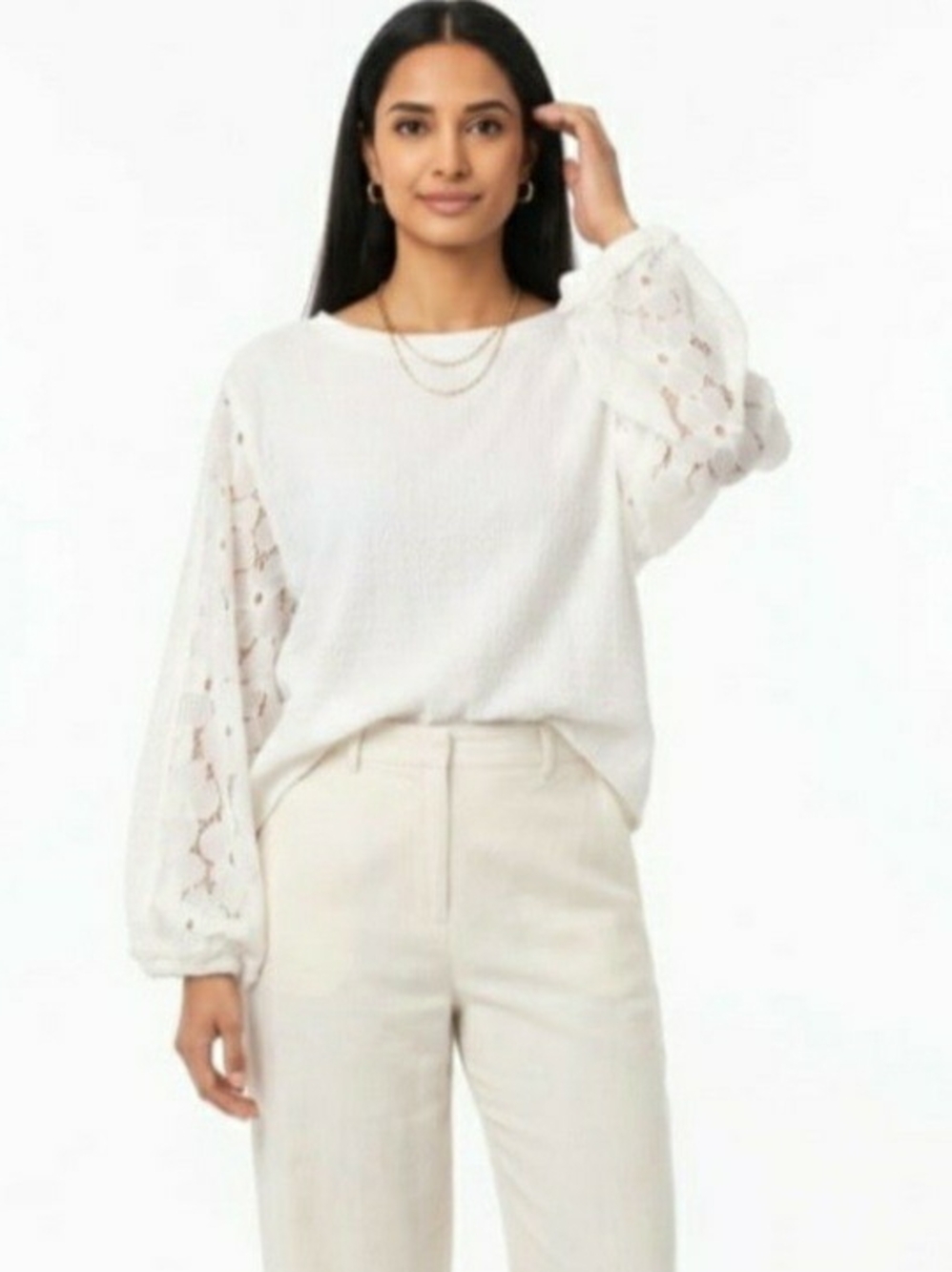 VICI COLLECTION LACE BALLOON SLEEVE TEXTURED BLOUSE